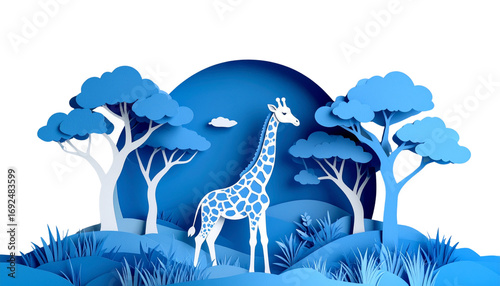 Origami paper illustration of a cute giraffe with long neck and ears standing in a forest landscape with tall trees isolated on white background