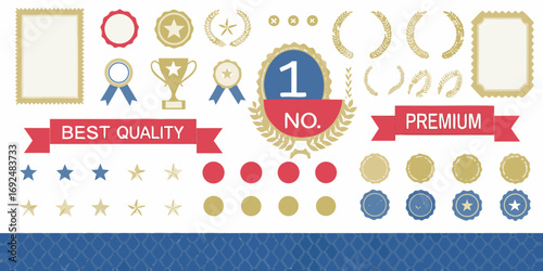 Collection of award ribbons stars trophies and seals for best quality and premium recognition