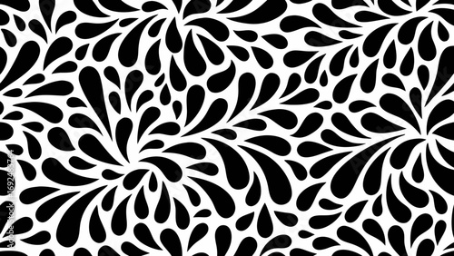 Abstract black and white floral pattern with swirling teardrop shapes and organic flowing elements