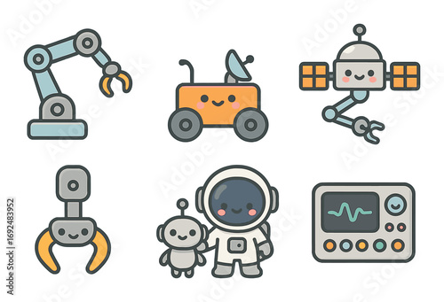 Space exploration flat icon set. featuring robot arm, rover, satellite, claw, astronaut, console.