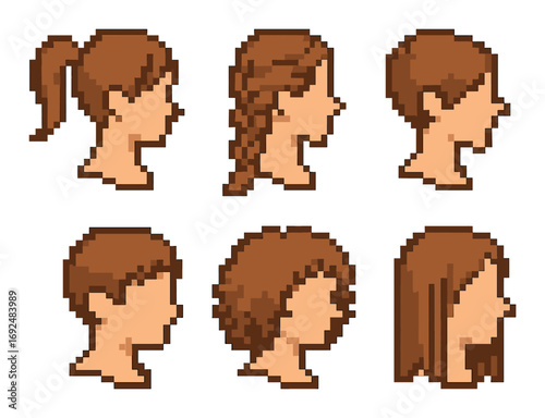 Hairstyles pixel icon set. featuring ponytail, braid, afro, bob, shag, and straight hair styles.