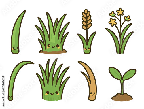 Gardening and plants flat icon set. featuring grass, wheat, flowers, sprouts, and gardening themes..