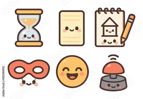Emotion and activity flat icons set. featuring hourglass, document, notepad, mask, emoji, alarm symbols.
