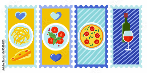 Set of four stylized postage stamps featuring italian food and drink elements like pasta pizza tomatoes cheese and wine