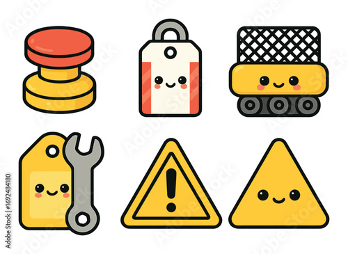 Safety equipment flat icon set. featuring button, padlock, roller, wrench, and warning symbols.