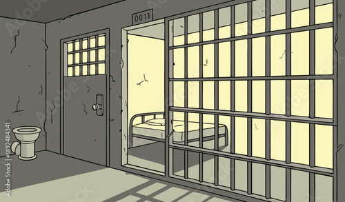 A realistic jail cell interior with iron bars, a single metal bed with thin mattress, a small table, and a toilet corner, dim yellow lighting casting shadows on cracked concrete walls. A metallic jail