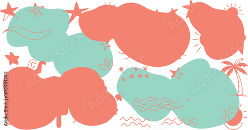 Abstract summer vibes background with coral and blue shapes with tropical elements