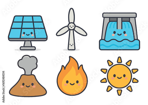 Renewable energy flat icon set. featuring solar panel, wind turbine, hydroelectric, geothermal, fire, and sun symbols.