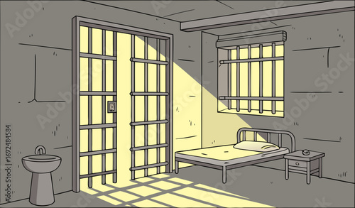 A realistic jail cell interior with iron bars, a single metal bed with thin mattress, a small table, and a toilet corner, dim yellow lighting casting shadows on cracked concrete walls. A metallic jail