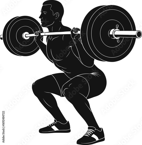 Vector illustration of a male athlete performing a barbell squat exercise, emphasizing strength, fitness, muscle training, powerlifting, gym workout, and health.