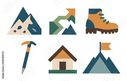 Outdoor adventure flat icon set. featuring mountain, hiking, map, compass, tent, and boot symbols.