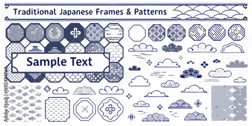 Collection of traditional japanese frames and patterns featuring octagons clouds and decorative elements