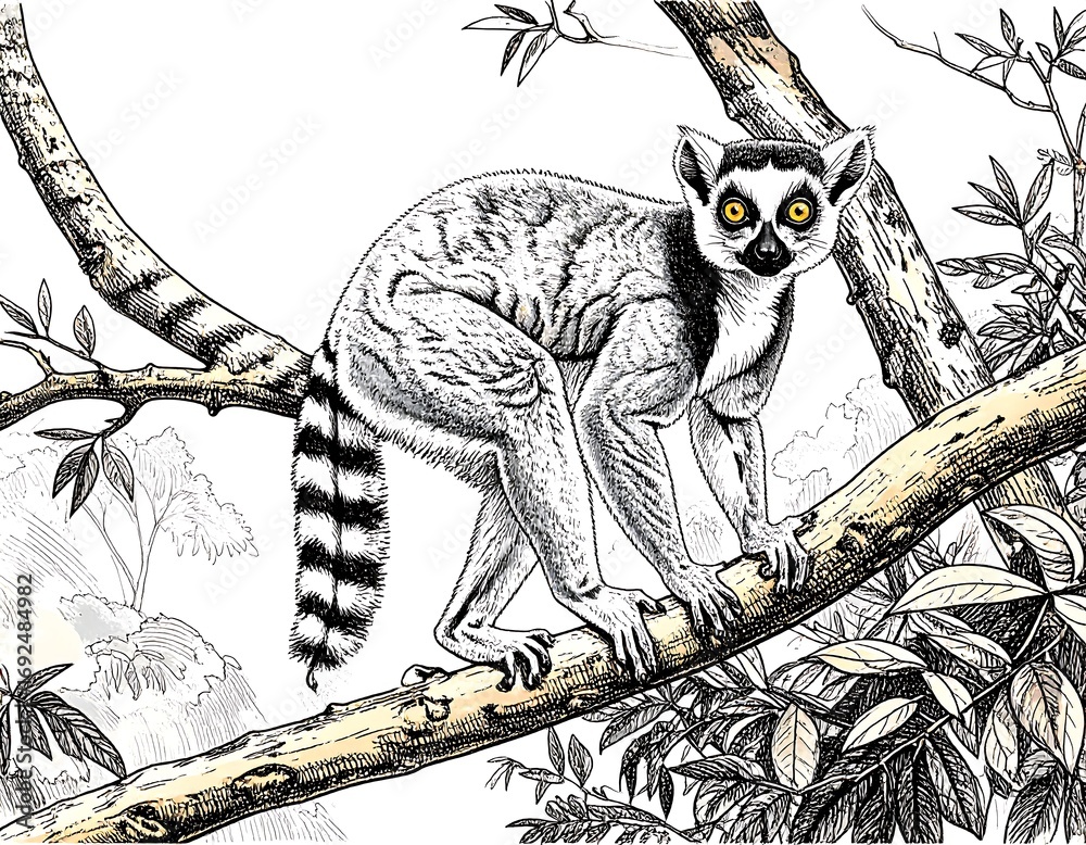 Obraz premium Detailed illustration of a lemur in a tree