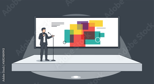 Vector illustration of a businessman in a suit delivering a presentation on stage with a microphone. A large screen behind him displays colorful abstract graphics.