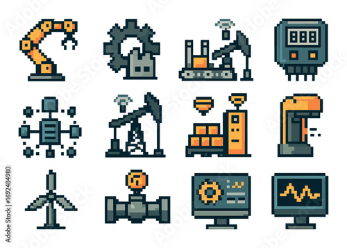 Industry and factory pixel art icon set. featuring robots, machinery, gears, drilling, and wind turbines.