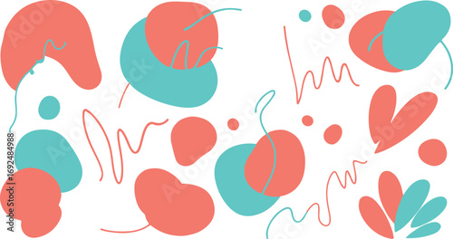 Playful abstract art featuring organic shapes and flowing lines in coral and teal hues with a