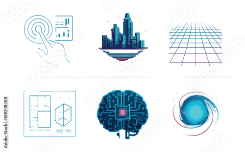 Technology and science futuristic linear icon set. featuring touch, city, grid, blueprint, brain, and vortex symbols.