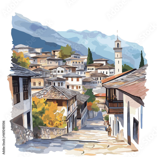 Gjirokaster Old Town. Gjirokaster Old Town watercolor vector illustration