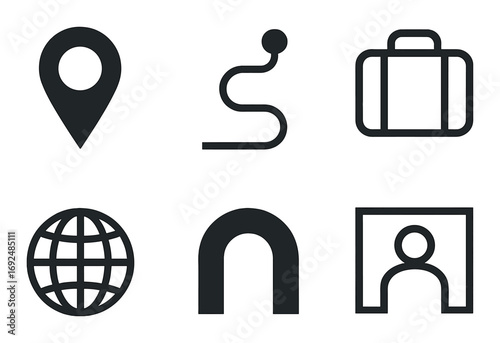 Navigation silhouette icon set. featuring location, route, suitcase, globe, tunnel, profile.
