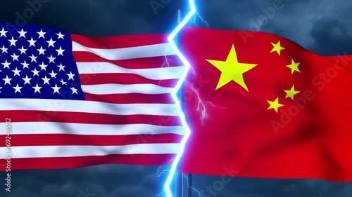 US-China Relations: A Stormy Divide ? Flags Ripped Apart by Lightning