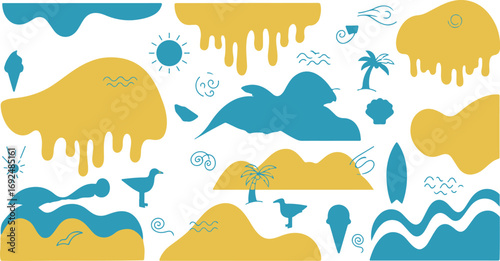 Seamless summer pattern with tropical elements in blue and yellow, beach mood seamless background