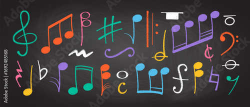 Crayon pastel or chalk music note signs doodle hand drawn symbol shapes set. Chalkboard textured musical symbols treble, bass clefs, pauses doodle collection.