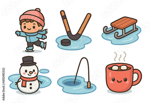 Winter activities flat icons set. featuring ice skating, hockey, sledding, snowman, ice fishing, hot cocoa.