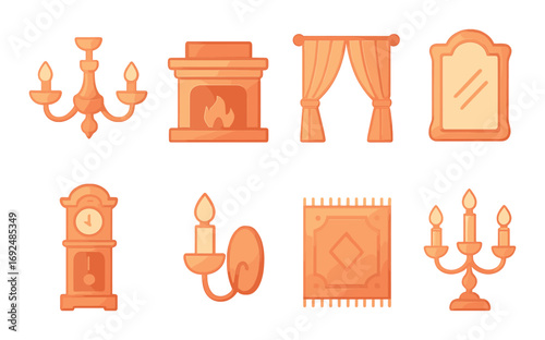Home decor linear icon set. featuring chandelier, fireplace, curtains, mirror, clock, sconce, rug, candelabra.