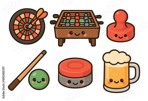 Game night flat icons set. featuring darts, foosball, board games, pool, and beer mug symbols.