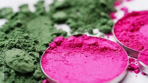 Vibrant Green and Pink Powder Pigments: Macro Close-Up of Colorful Texture