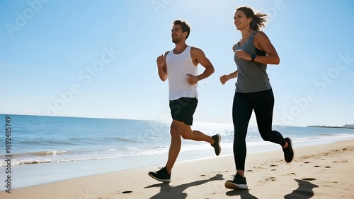 A man and a woman jogging along a sunny beach