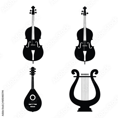 Minimalist silhouettes of four classic musical instruments in black and white silhouette vector illustration white background