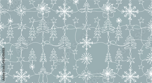 Elegant winter themed pattern with snowflakes, stars, and christmas tree ornaments on a blue