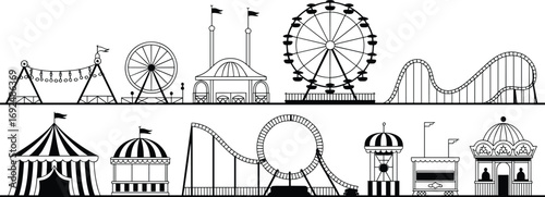 Amusement park line icons, roller coaster, ferris wheel, circus tent, carnival booth, fairground rides, vector illustration, outline set