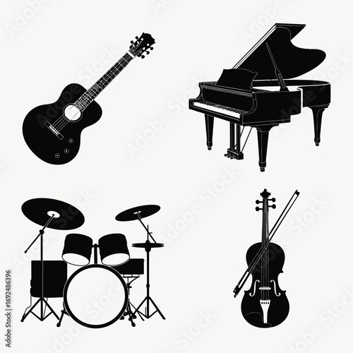 Collection of black silhouettes of musical instruments guitar piano drum kit violin silhouette vector illustration white background