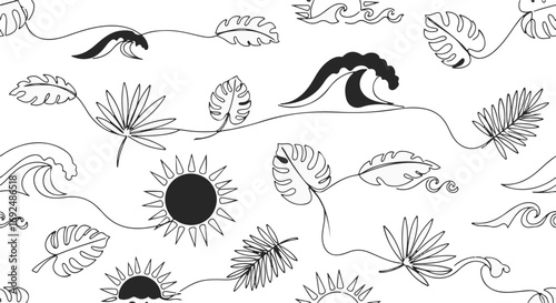 Seamless pattern illustration with sun, waves and tropical leaves, summer vibes background