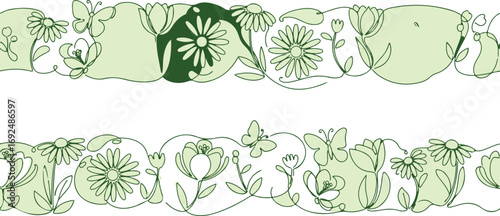 Elegant botanical frame with continuous line art of flowers and butterflies in green hues provides