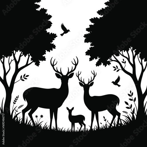 Majestic deer family silhouettes among trees in a serene natural woodland scene silhouette vector illustration white background