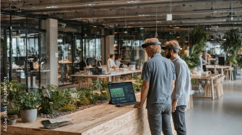 Fototapeta premium Professionals Engaging with Augmented Reality in Modern Office Space