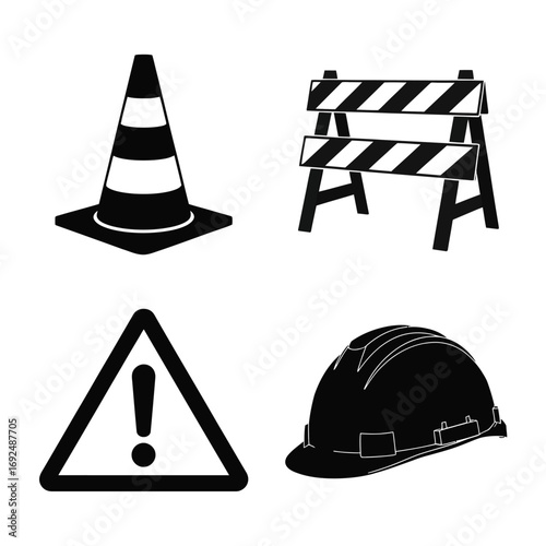 Construction safety icons traffic cone barrier warning sign hard hat minimalist graphics silhouette vector illustration white background