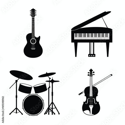 Minimalist silhouettes of musical instruments including guitar piano drum kit and cello silhouette vector illustration white background