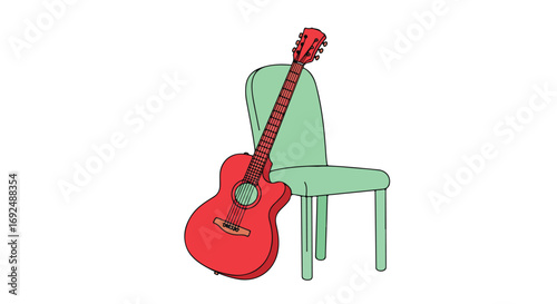 Red guitar leans on green chair
