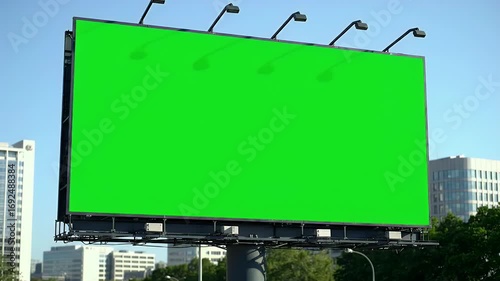 Urban Roadside Billboard with Green Screen for Digital Advertising Mockups and Custom Messages, Set Against a City Backdrop