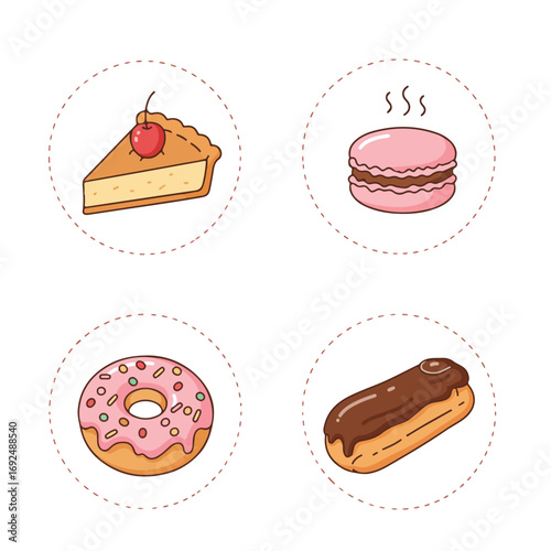 Sweet treats pie, macaron, donut, & éclair