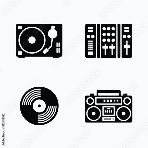 Dj turntable mixer vinyl record boombox music equipment icon set silhouette vector illustration white background