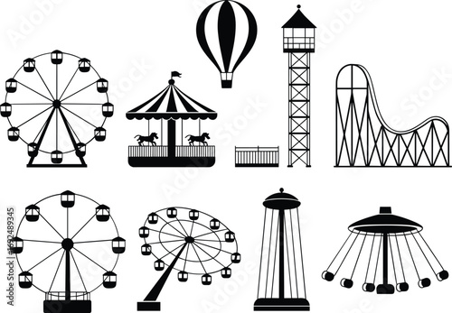 Amusement park ride silhouettes, ferris wheels, roller coaster, carousel, hot air balloon, swing ride, tower ride, fairground icons, vector