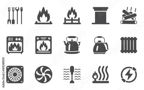 Collection of modern heating and cooling appliance icons for web design and applications silhouette vector illustration white background