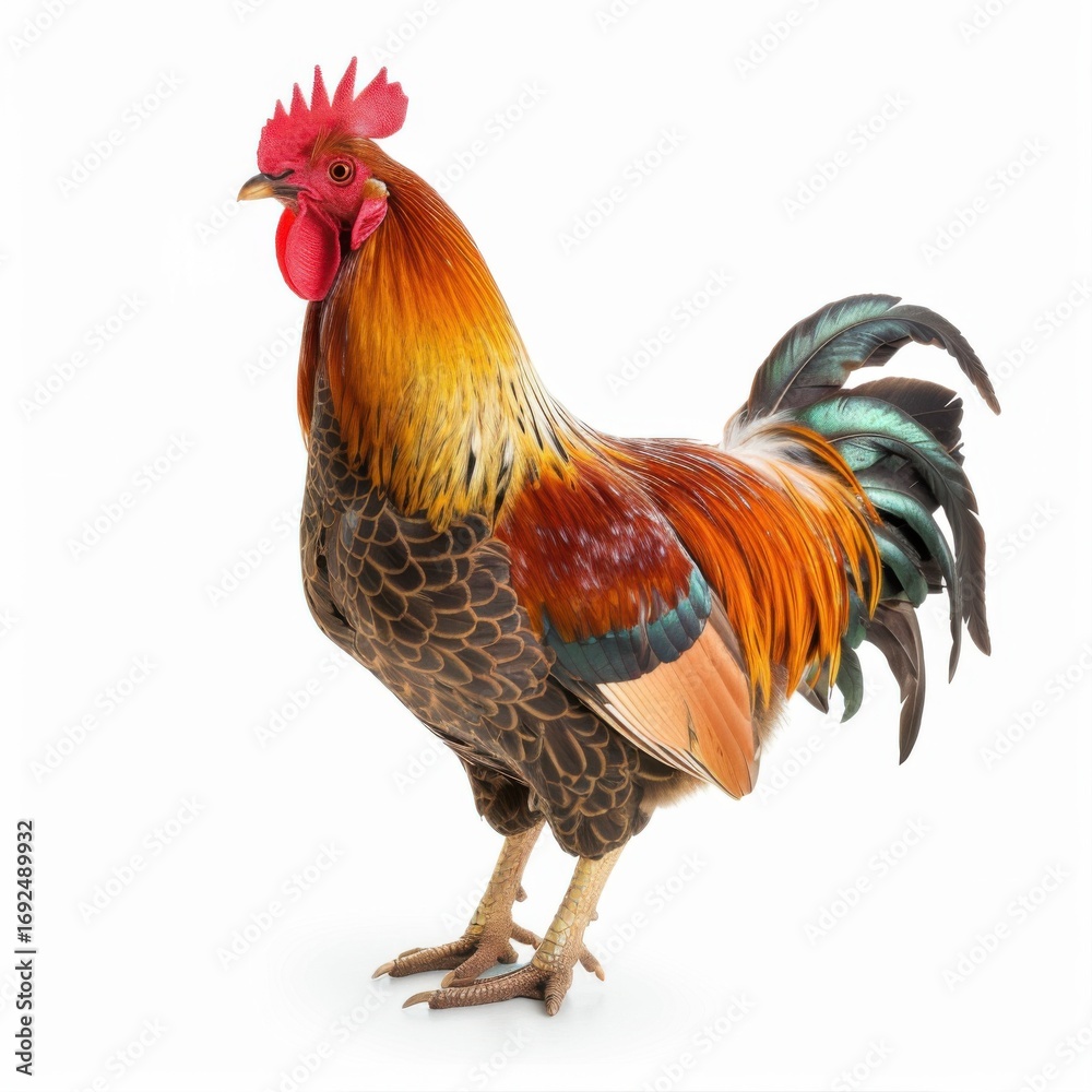 Fototapeta premium Vibrant rooster standing proudly in farmyard, showcasing colorful feathers and majestic plumage in natural outdoor habitat of poultry livestock