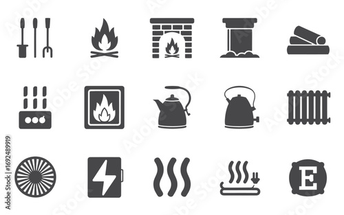 Collection of heating and fire related icons for home and comfort concepts silhouette vector illustration white background