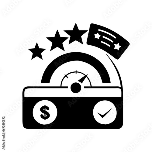 Vector art of credit score improvement features a speedometer, stars, dollar sign, and checkmark, representing financial progress